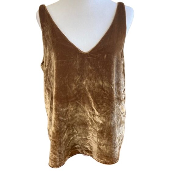 LOFT Sleeveless Top Medium NWT Crushed Velvet Tank Goldish-Brown Double V Shell - Picture 1 of 9
